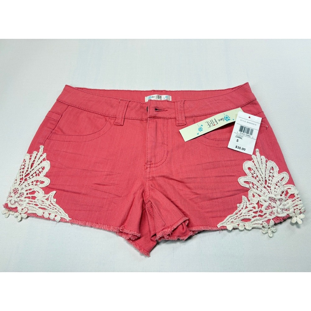 Love Fire Coral Pink Denim Shorts Size 5 Lace Trim NWT